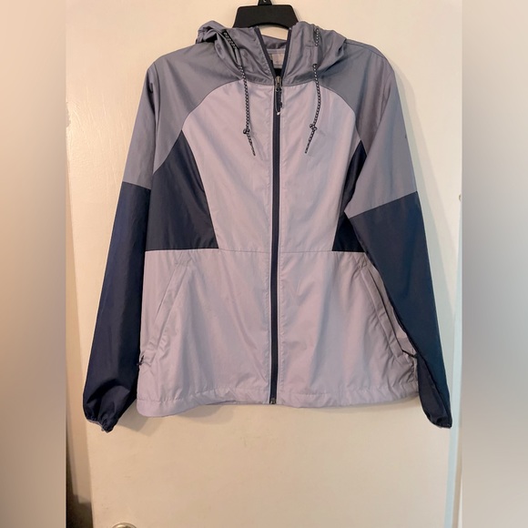 Columbia Windbreaker Lt Lavender & Navy Zip up with Hoodie Sz L - Picture 1 of 7